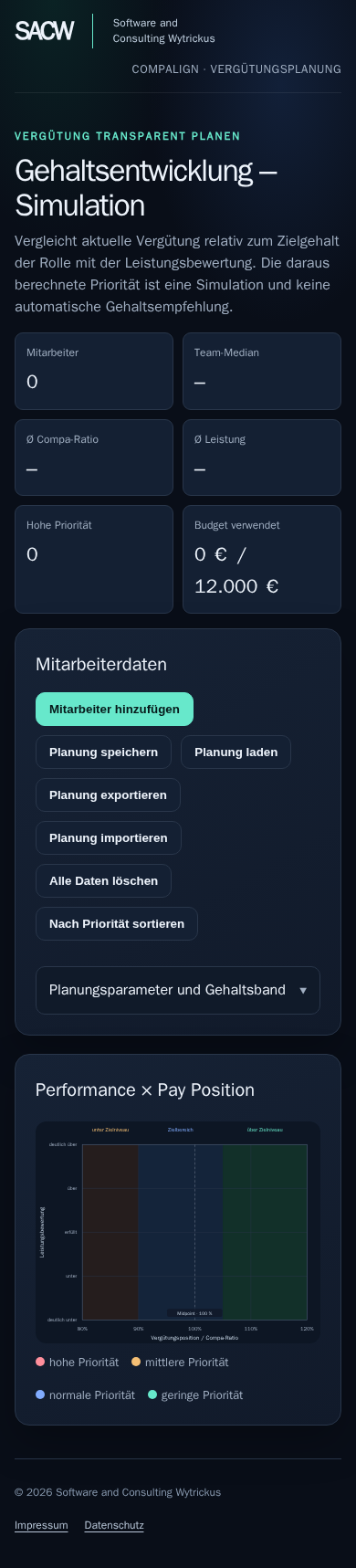 Mobile CompAlign-Ansicht mit Planungsparametern und Mitarbeiterdaten