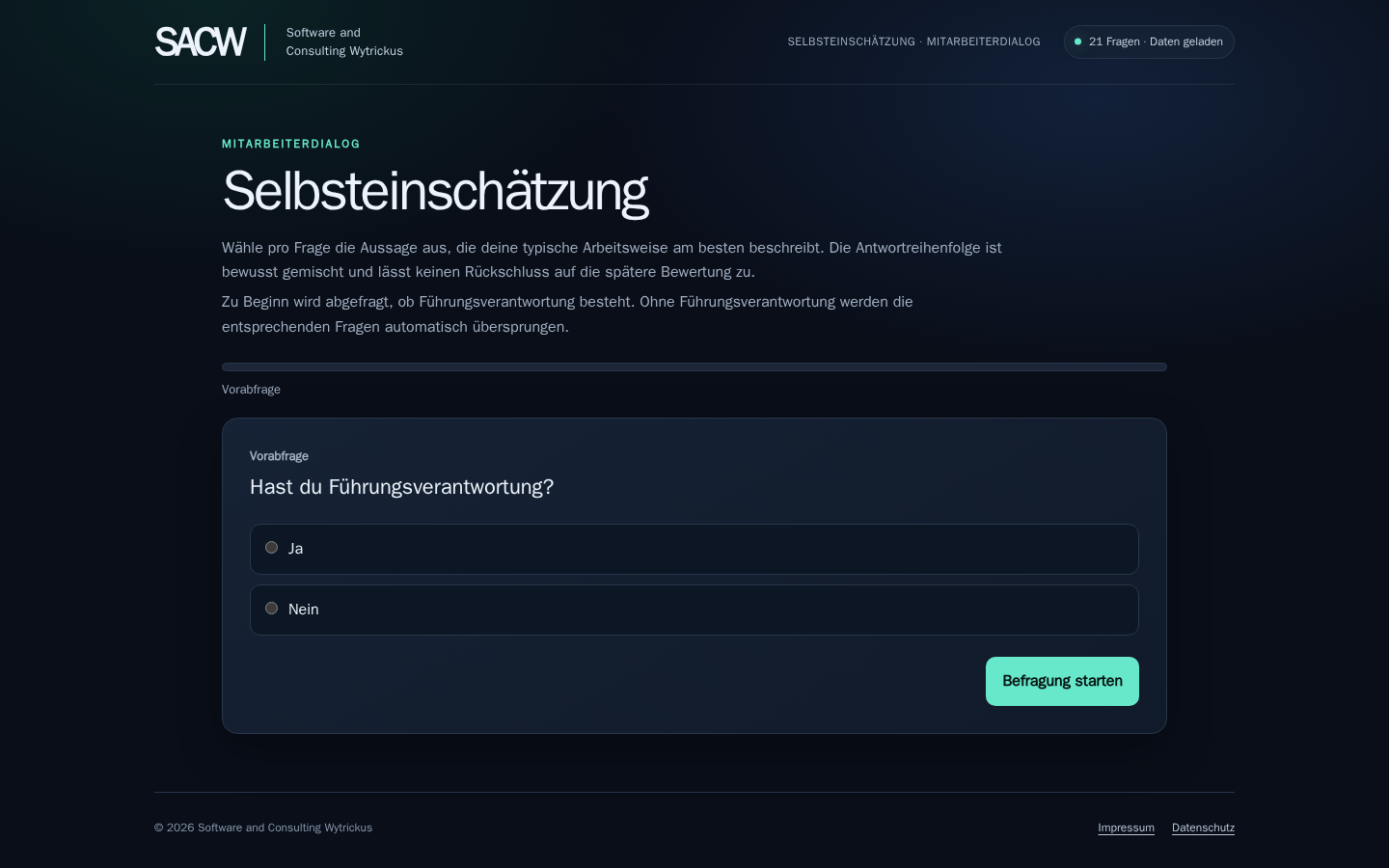 Startansicht der Employee-Self-Assessment-Anwendung