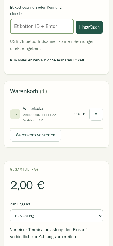 Mobile MiniMarkt-Verkaufskasse mit Etikettenscan, Warenkorb und Zahlungsart