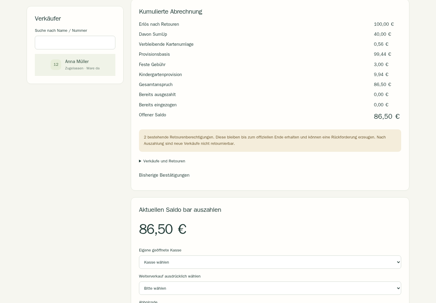 MiniMarkt-Verkäuferverwaltung mit Warenstatus und kumulierter Abrechnung
