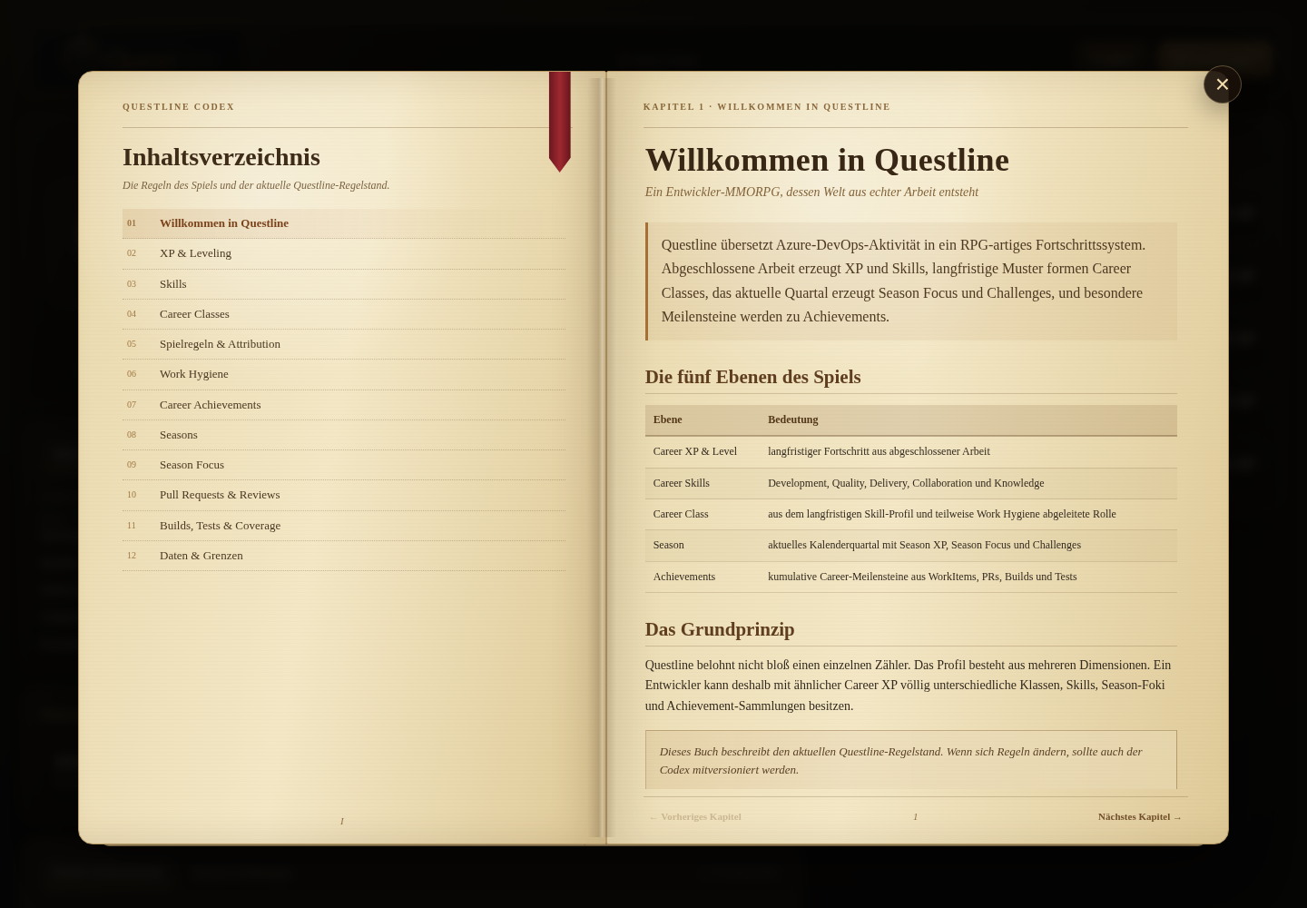 Geöffneter QuestLine-Codex mit Einführung und Inhaltsverzeichnis