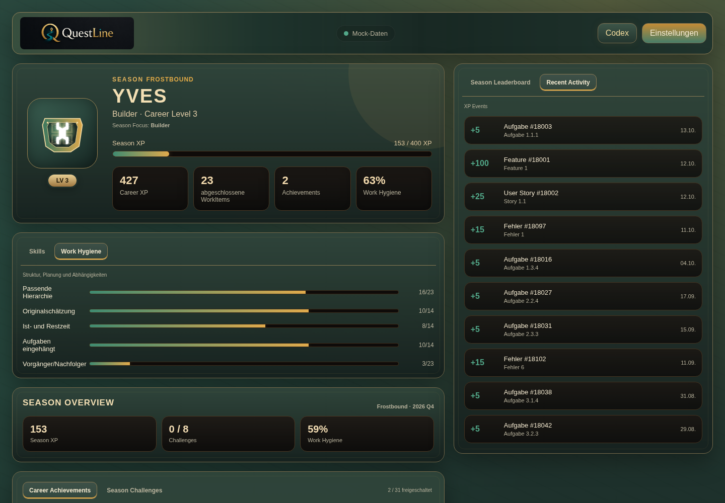 QuestLine-Dashboard im grün-goldenen Tropical-Outpost-Theme