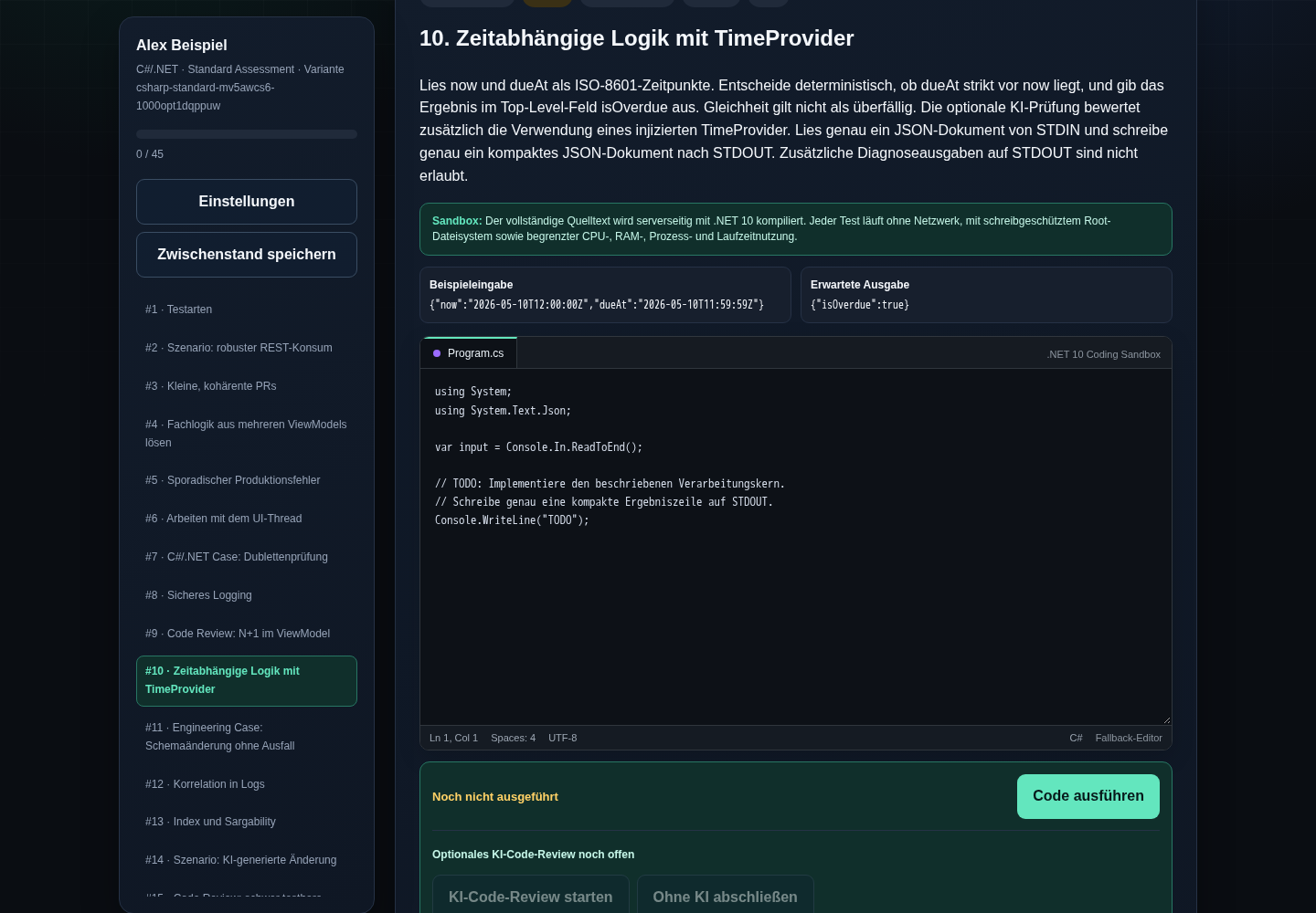 SkillForge-Coding-Aufgabe mit Editor, Sandbox und Seitennavigation