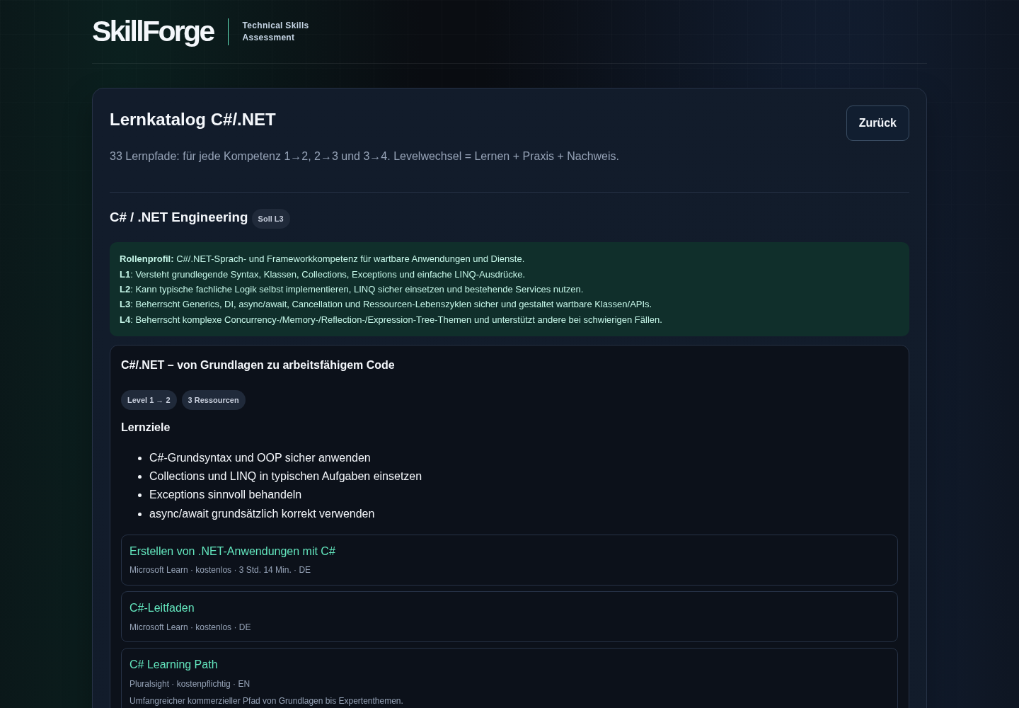SkillForge-Lernkatalog mit Lernzielen, Ressourcen, Praxisaufgaben und Nachweisen