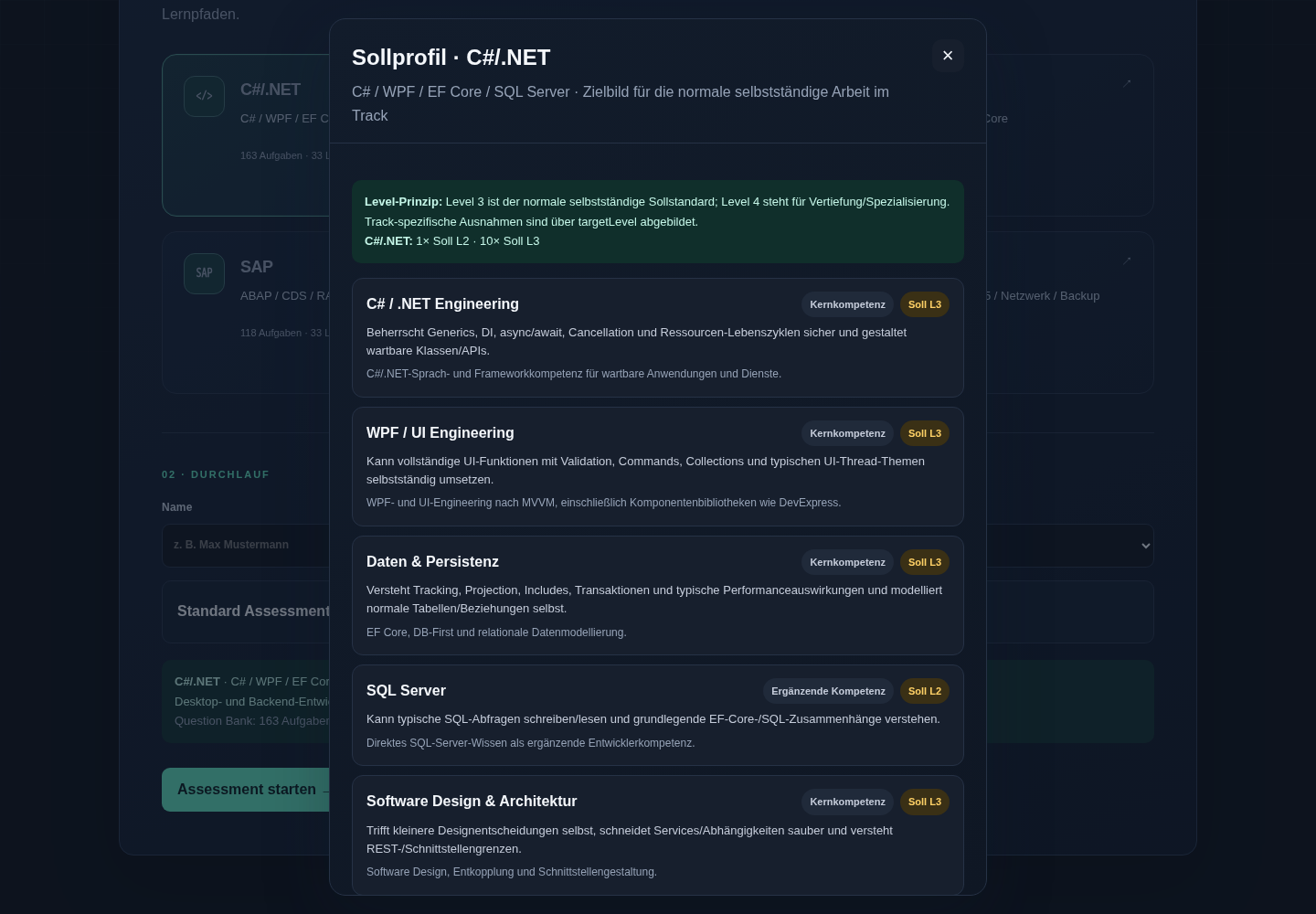 SkillForge-Sollprofil mit Kompetenzen, Zielleveln und fachlichen Erwartungen
