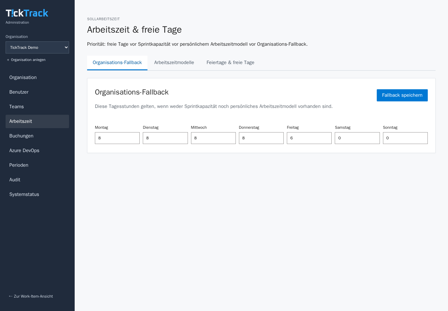 TickTrack-Administration für Arbeitszeitmodelle und freie Tage