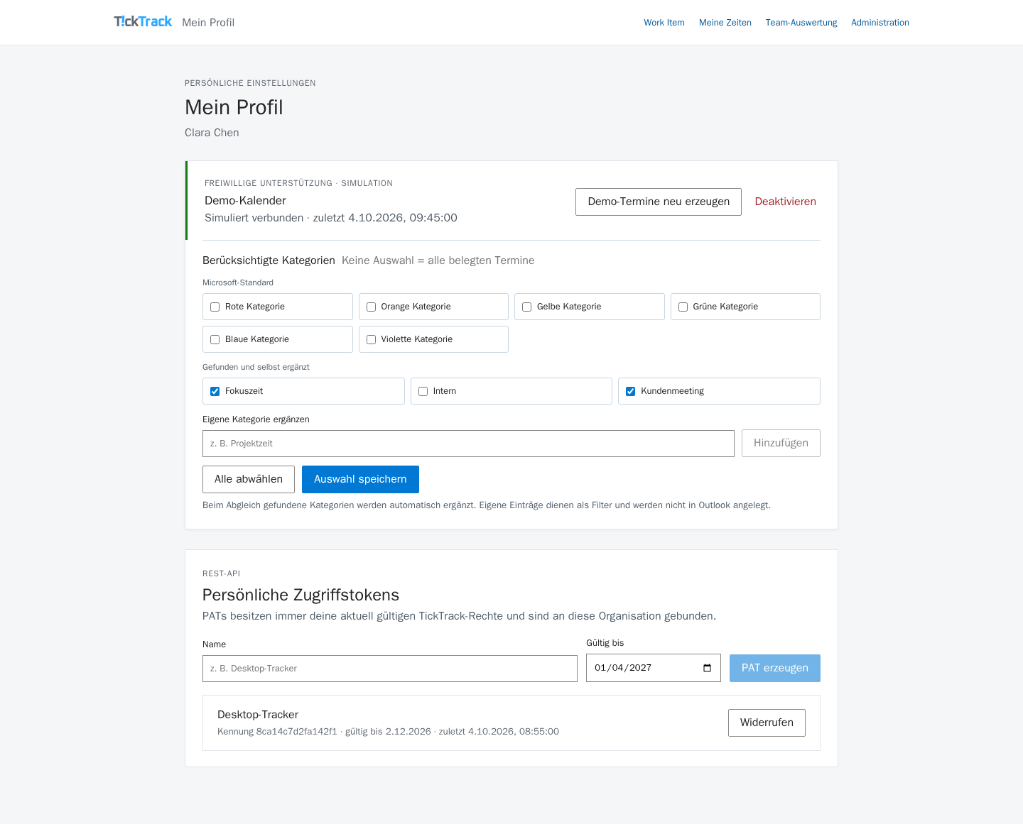 TickTrack-Profil mit freiwilliger Kalenderverbindung